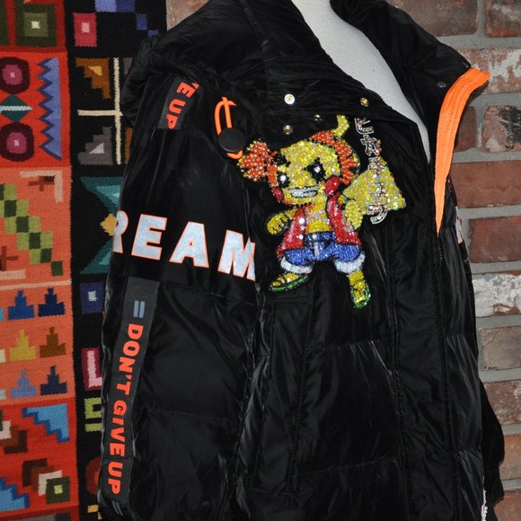 Black Silky Velvet Puffer Long Coat Sequin Pikachu Elmo DREAM "Don't Give Up" M - Picture 4 of 15